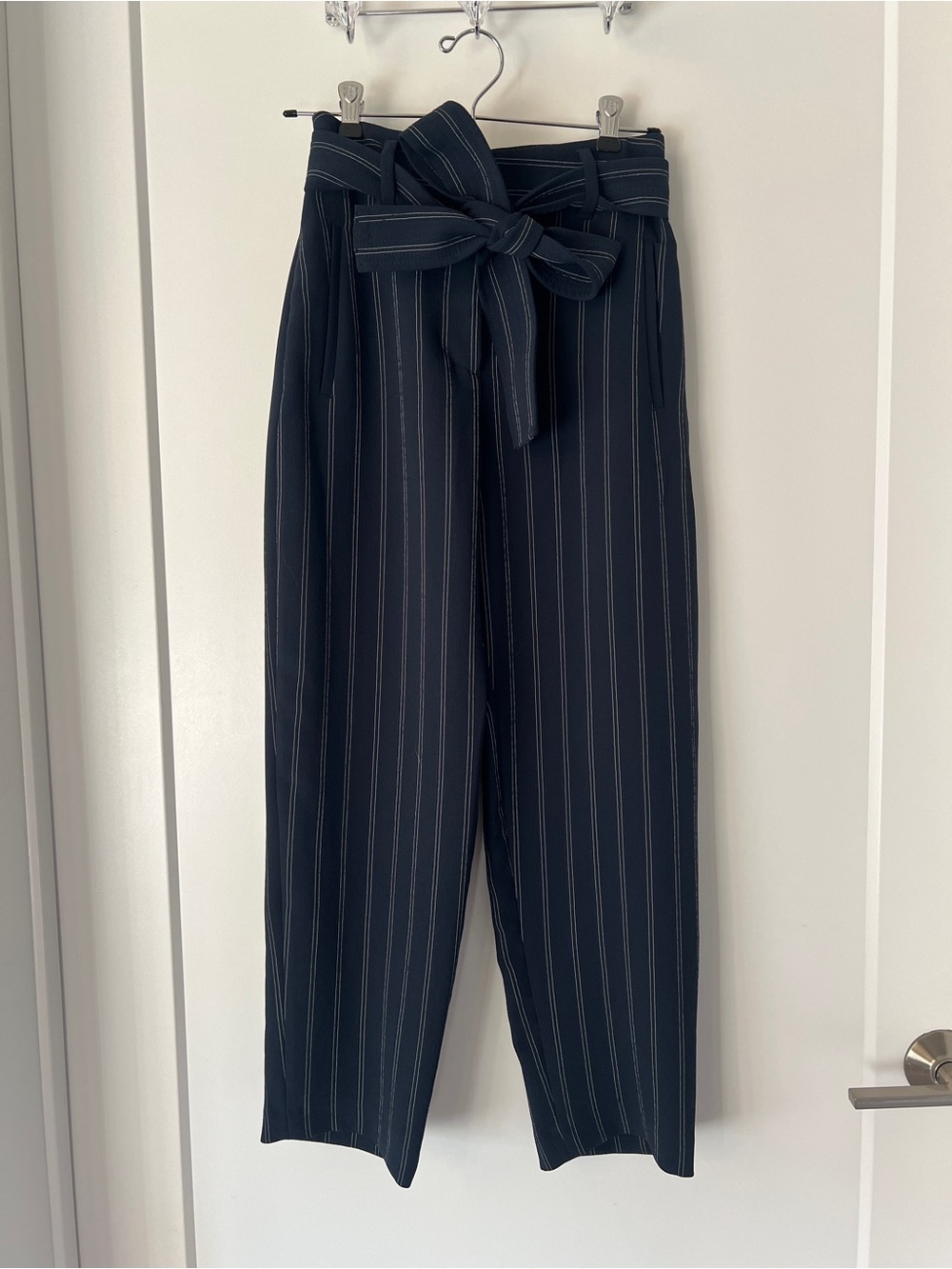 Aritzia Wilfred High-Rise Paperbag Waist Pinstripe Trousers - Black